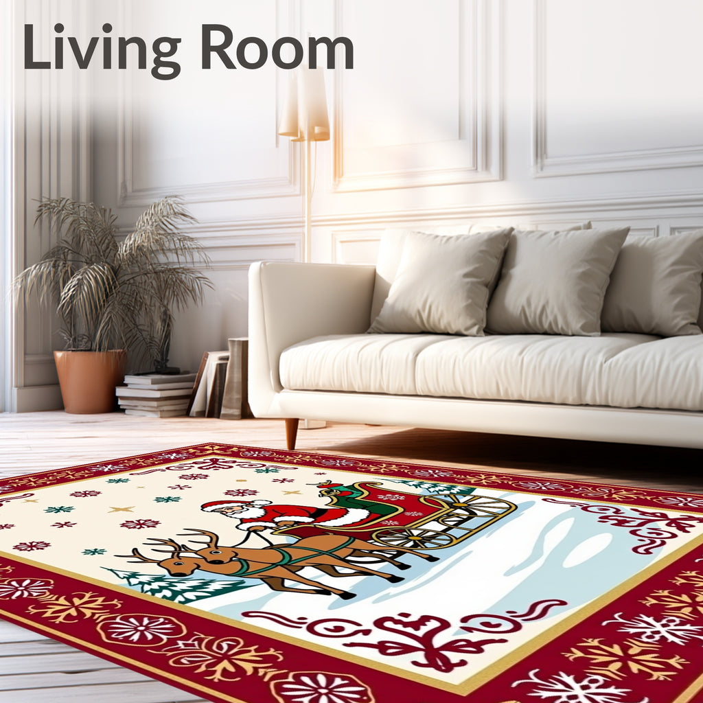 Festive Santa Sleigh Snowflakes Border Rug