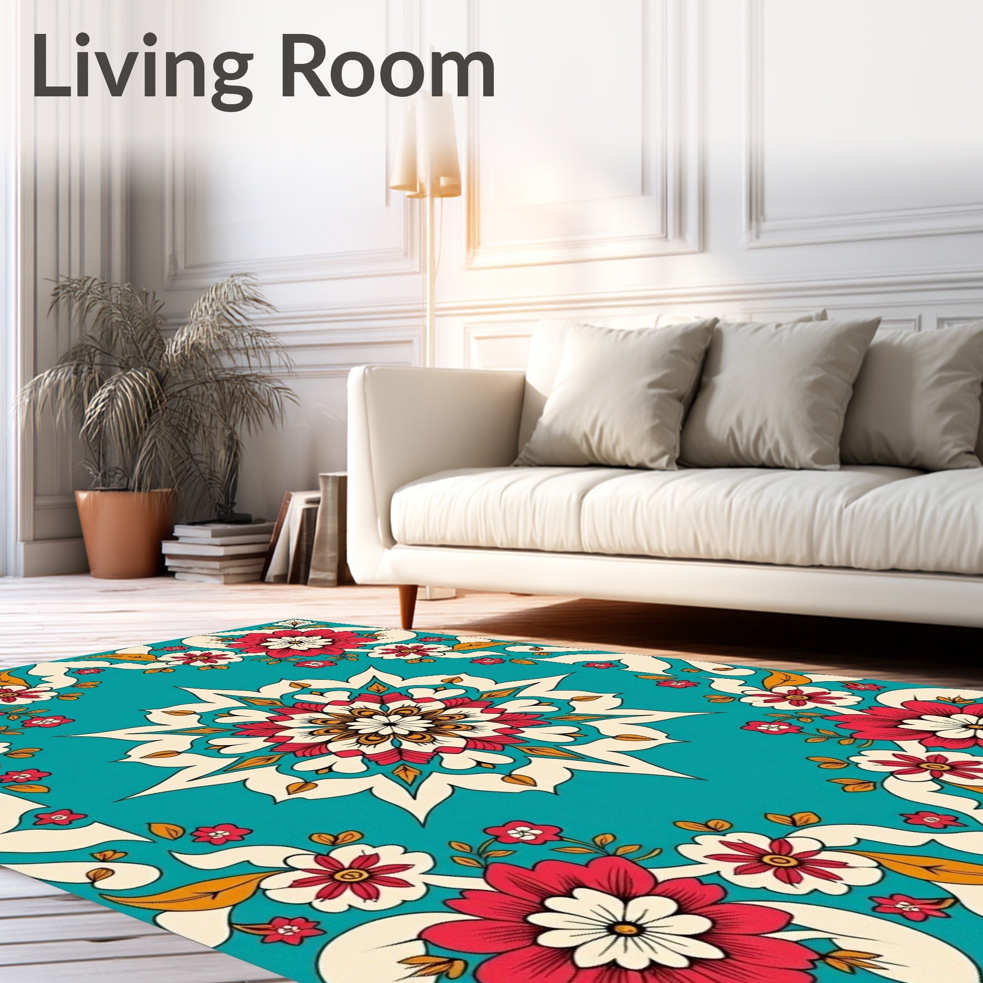 Aqua Red White Floral Medallion Rug