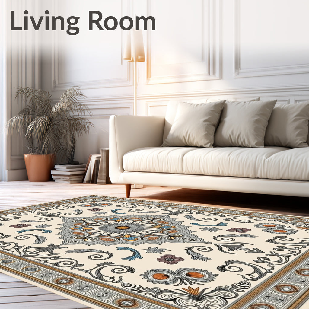 Ornate Floral Medallion Cream Rug