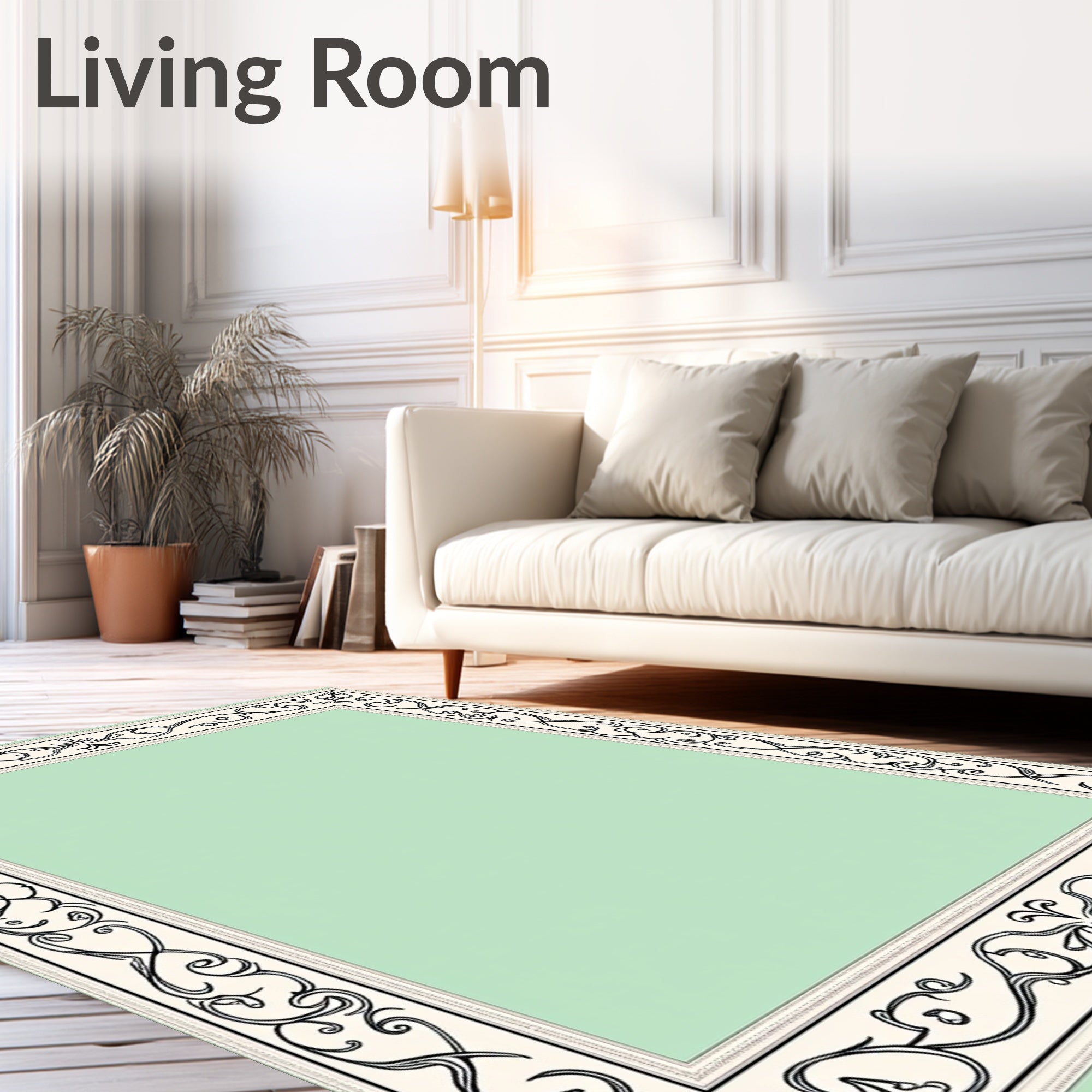 Cream Black Scrollwork Border Mint Rug