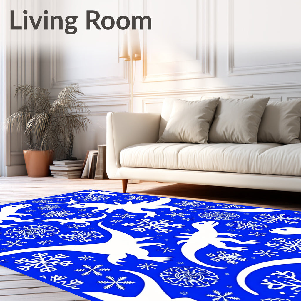 White Dinosaurs Snowflakes Blue Rug