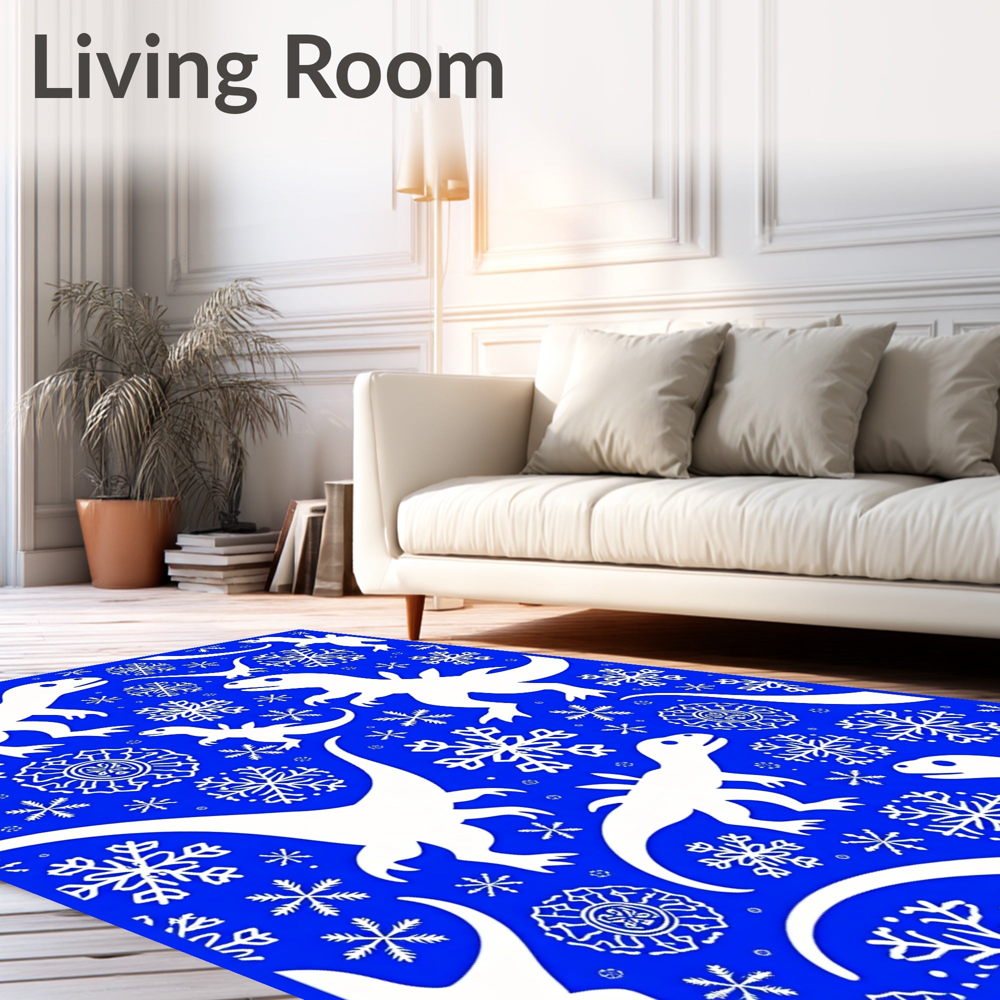 White Dinosaurs Snowflakes Blue Rug
