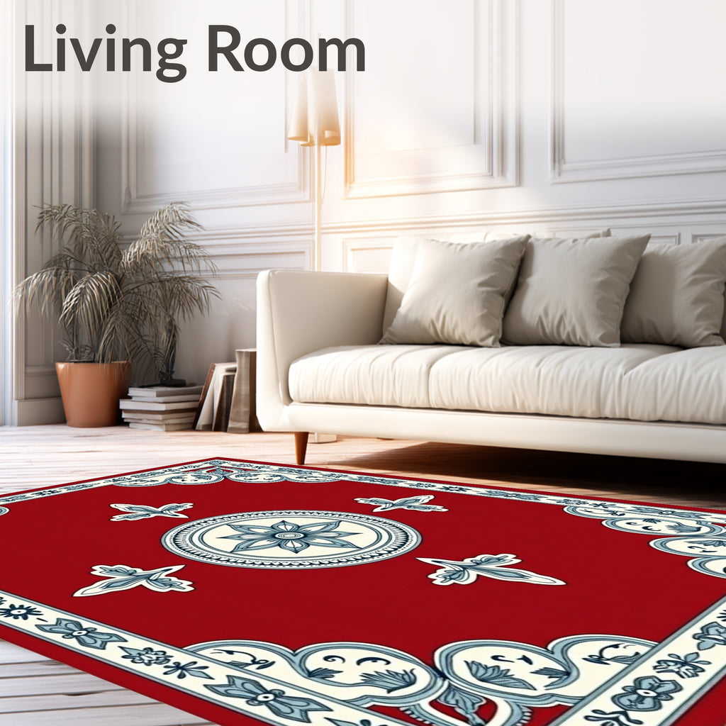 Symmetrical Crimson Floral Corner Accents Rug