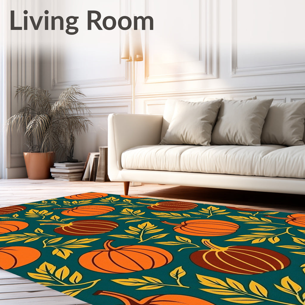 Autumn Pumpkin Leaf Teal Surface Rug