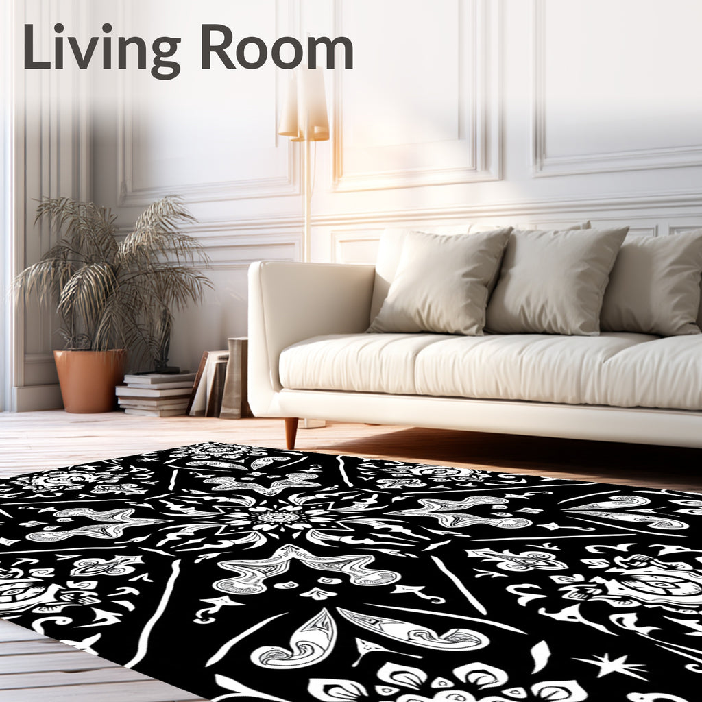 Black white ornate damask medallion Rug