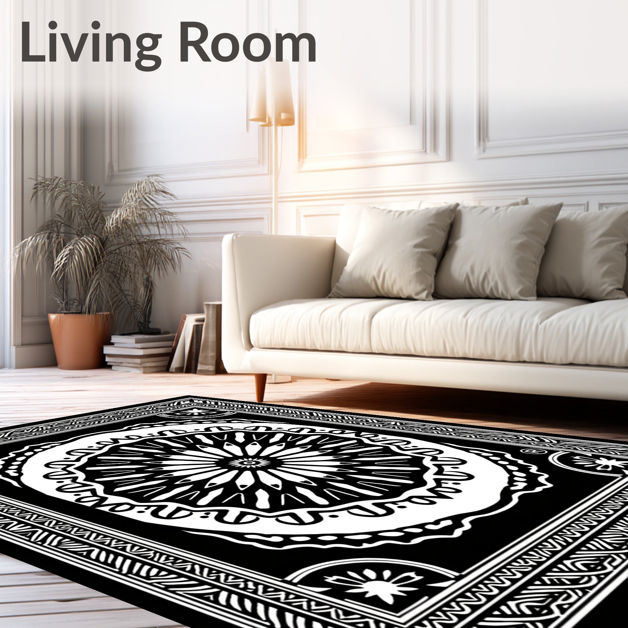 Monochromatic Black White Floral Mandala Rug