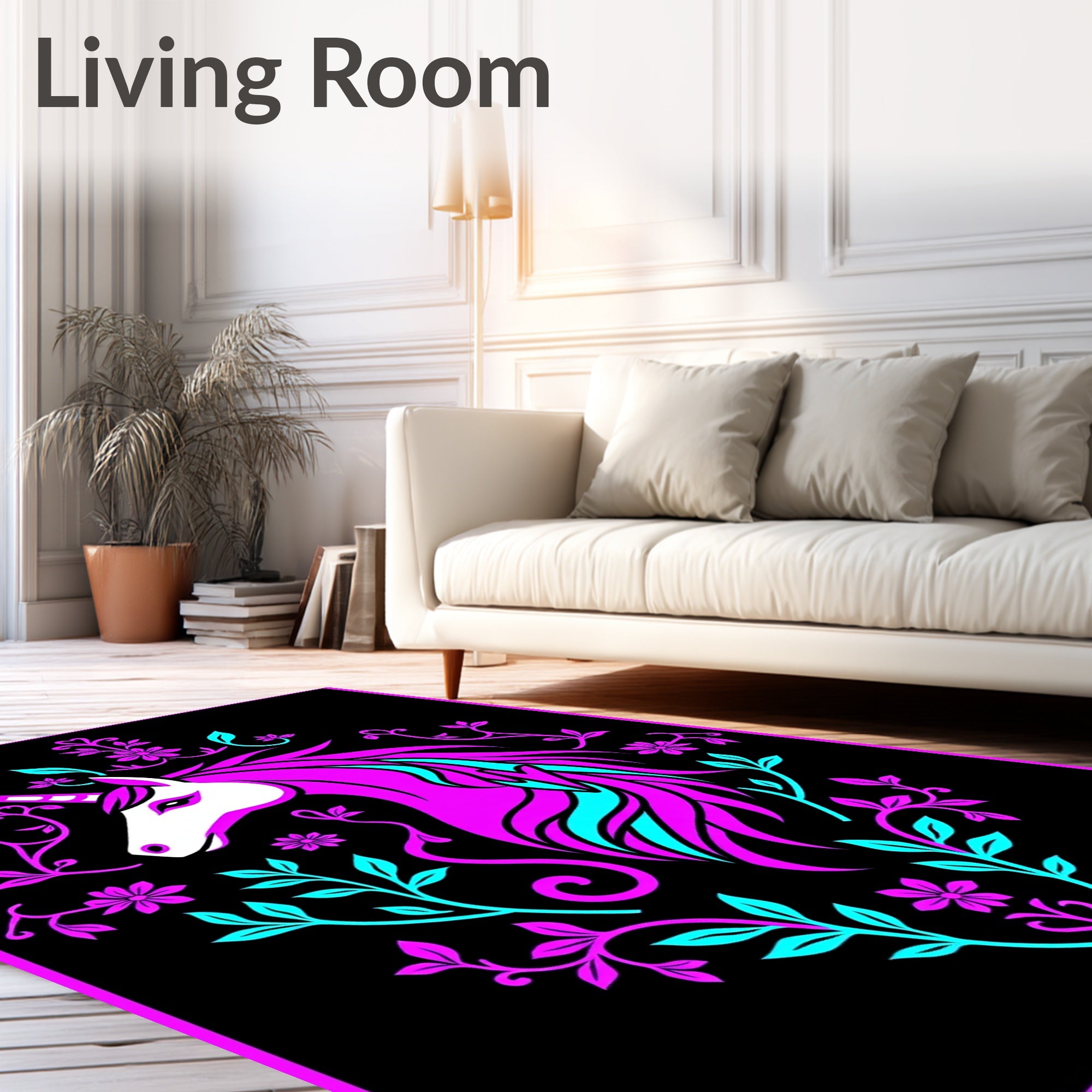 Vibrant Pink Unicorn Floral Swirl Rug