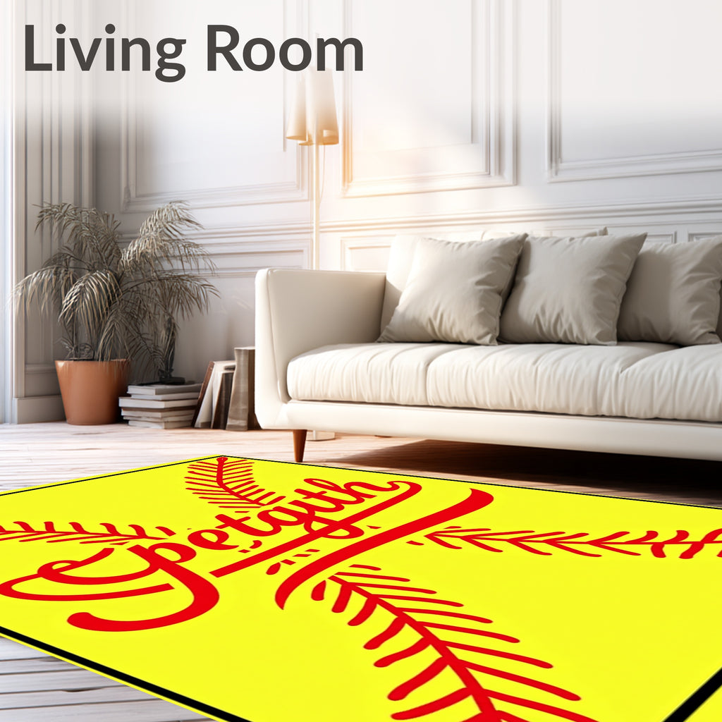 Red Softball Stitch Script Graphic Rug