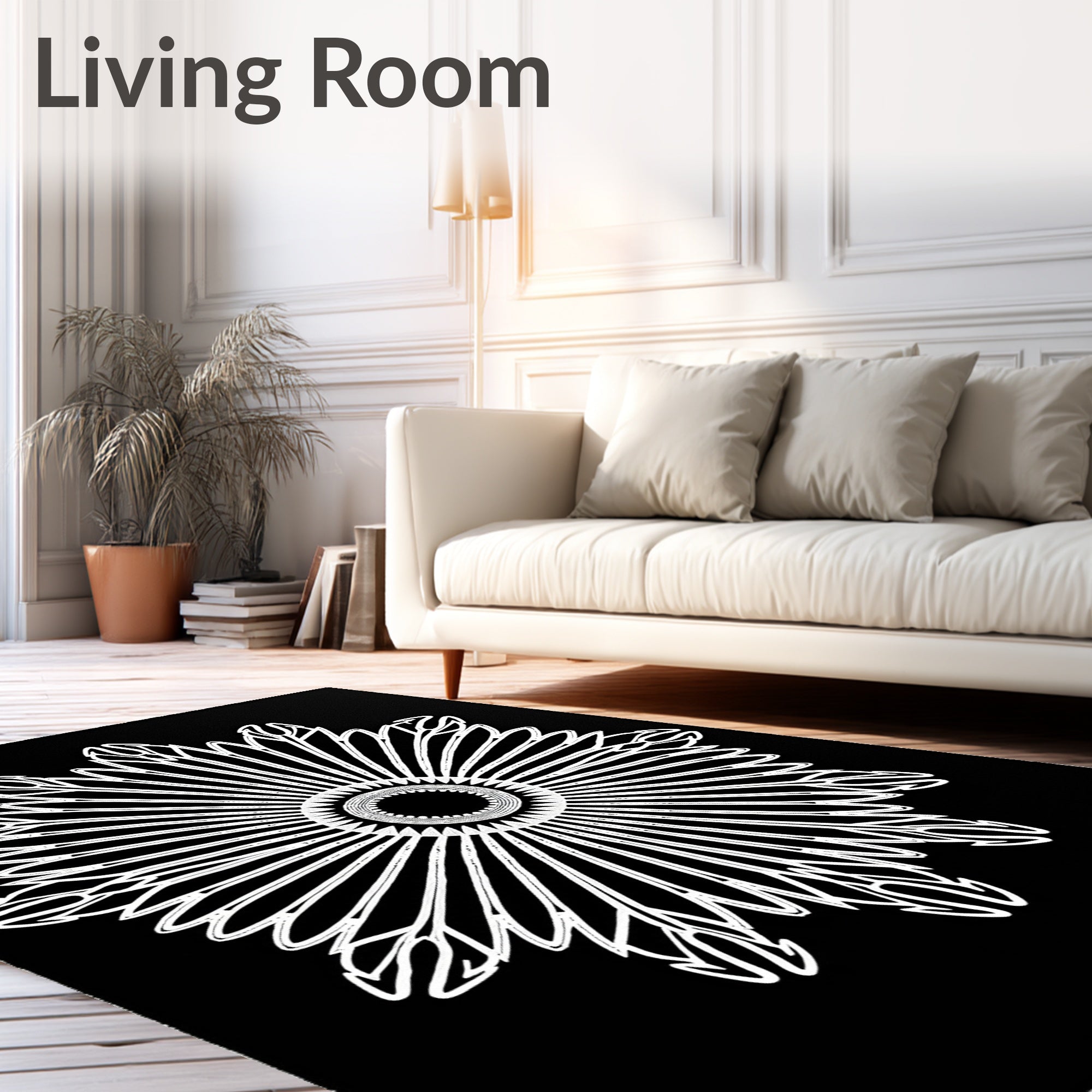Bold White Sunburst Floral Black Rug