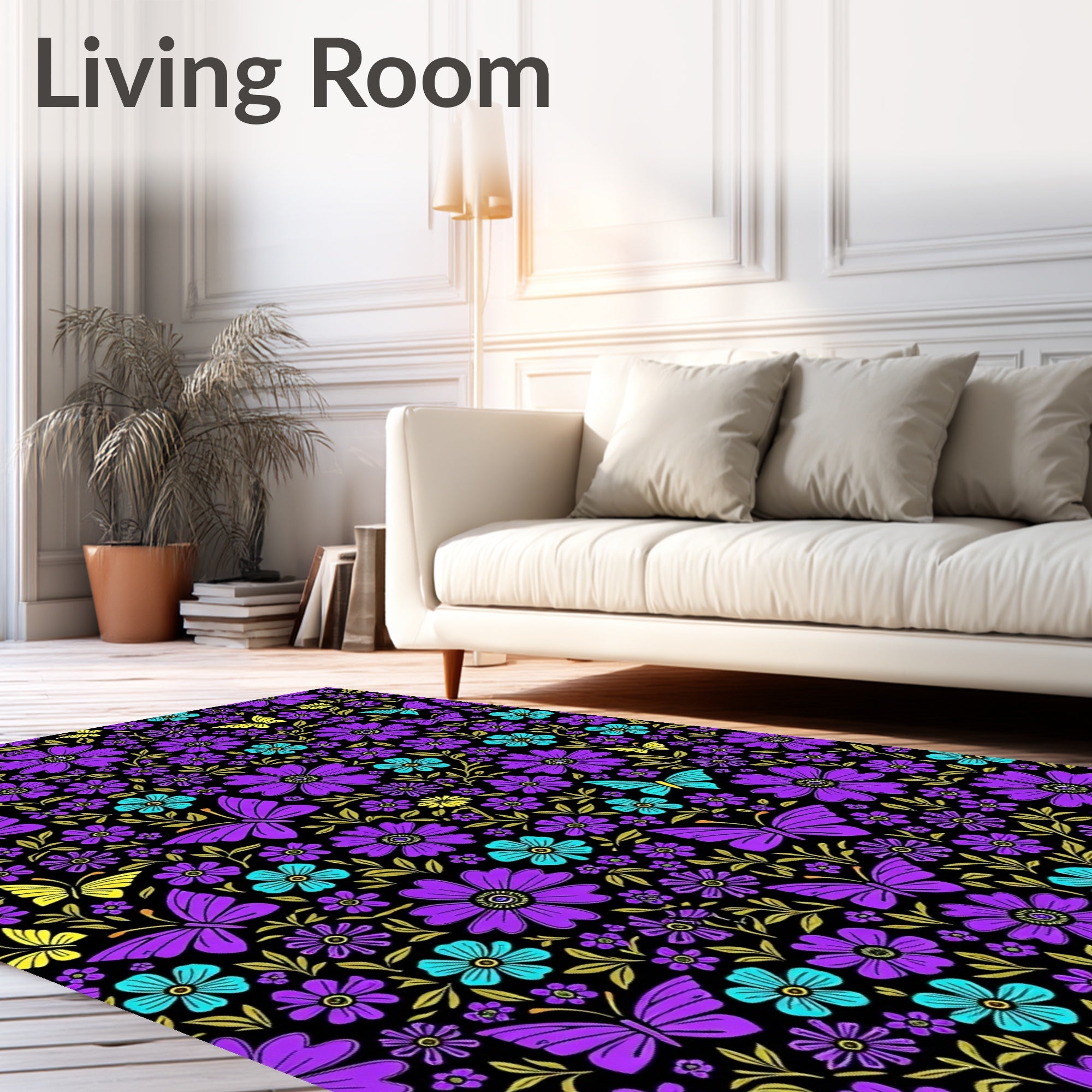 Vibrant Purple Butterfly Floral Burst Rug