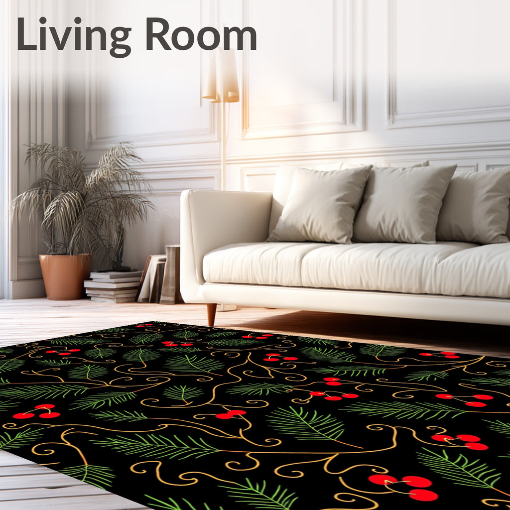 Festive Green Pine Red Berry Swirl Rug