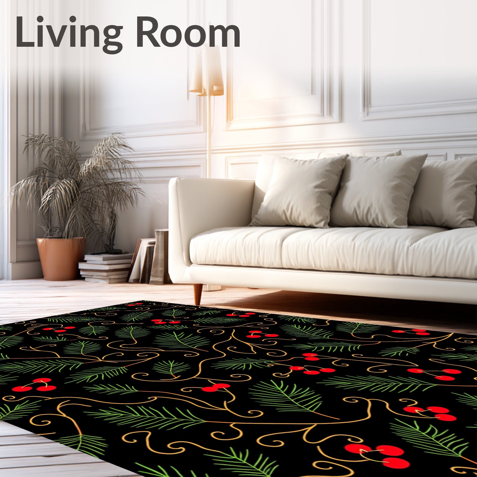 Festive Green Pine Red Berry Swirl Rug