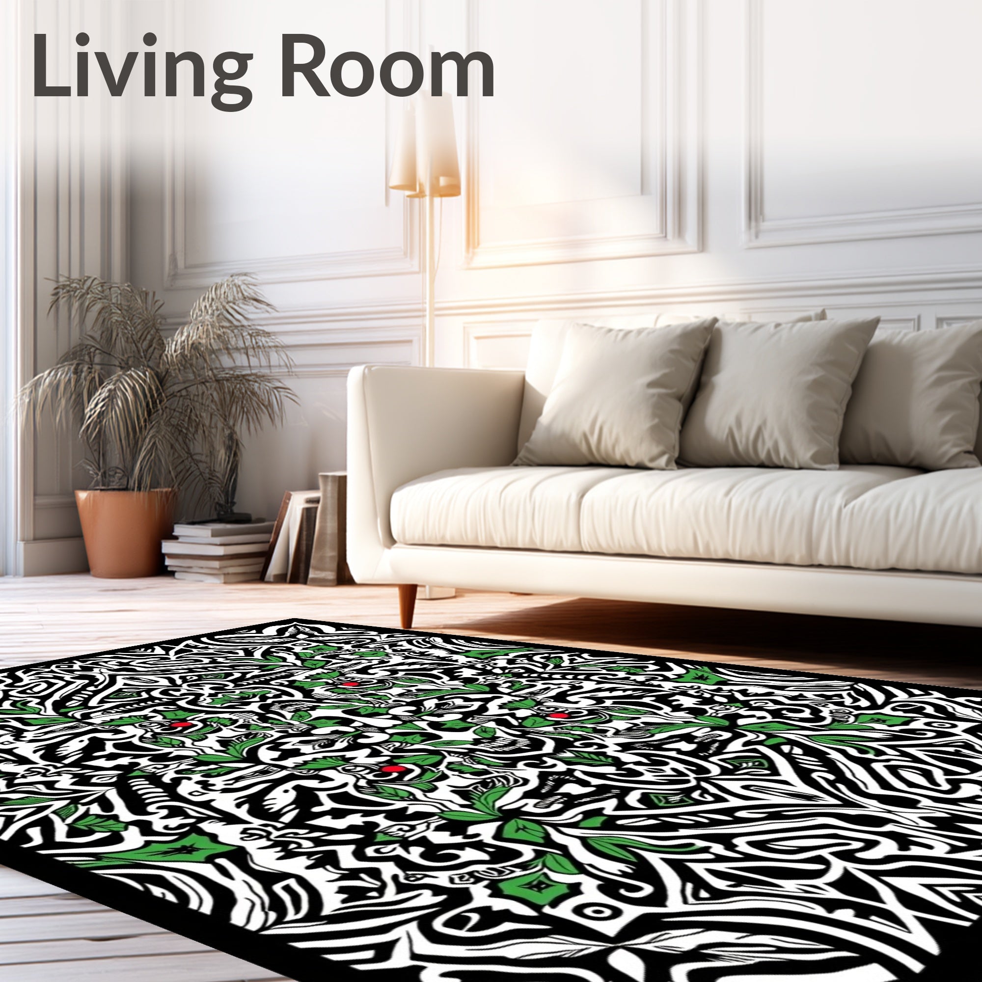 Monochromatic Black Green Skull Foliage Rug