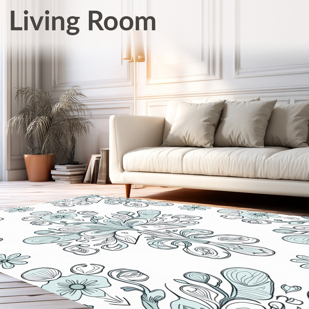 Soft Blue Floral Medallion Line Art Rug