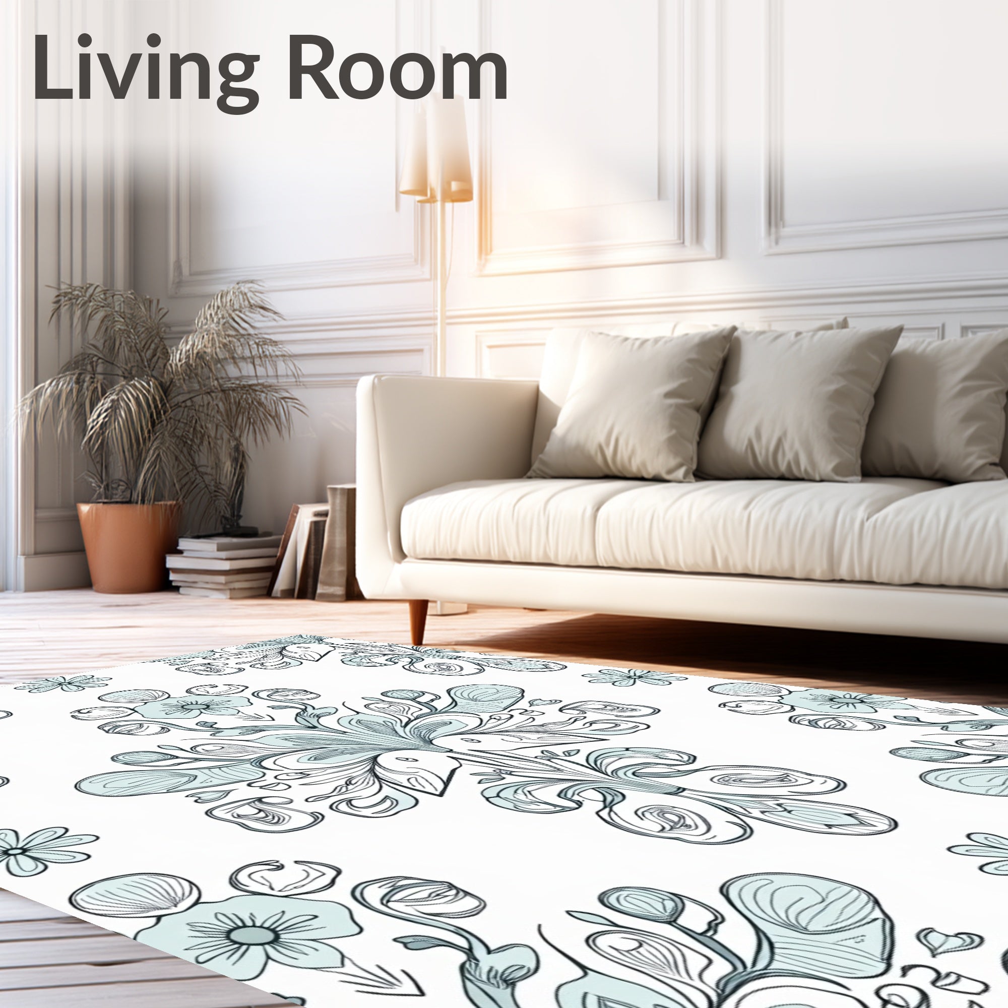 Soft Blue Floral Medallion Line Art Rug