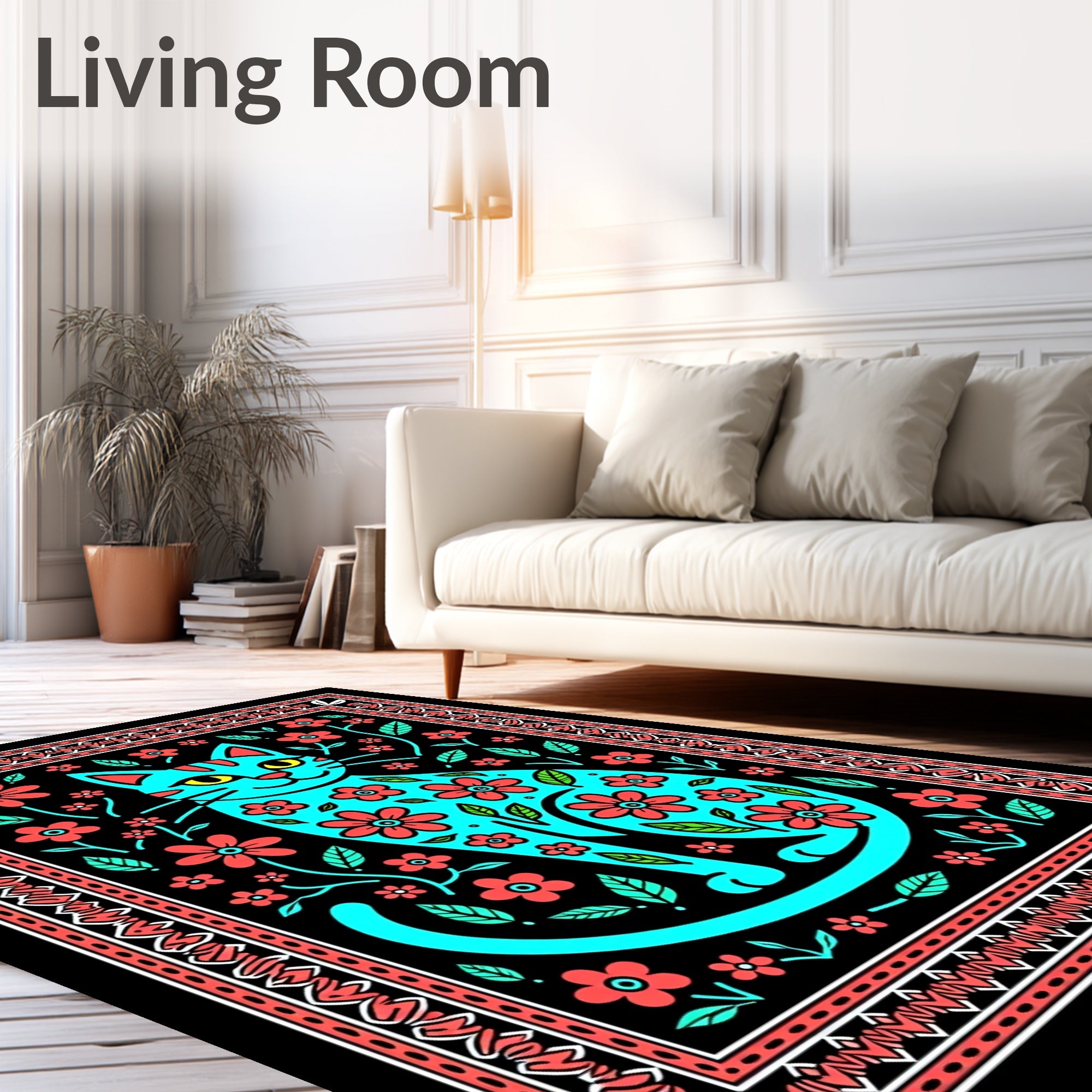 Turquoise Cat Floral Art Rug