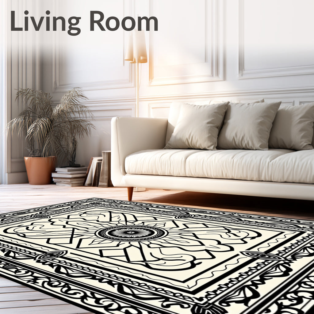 Bold Black Ivory Intricate Frame Rug