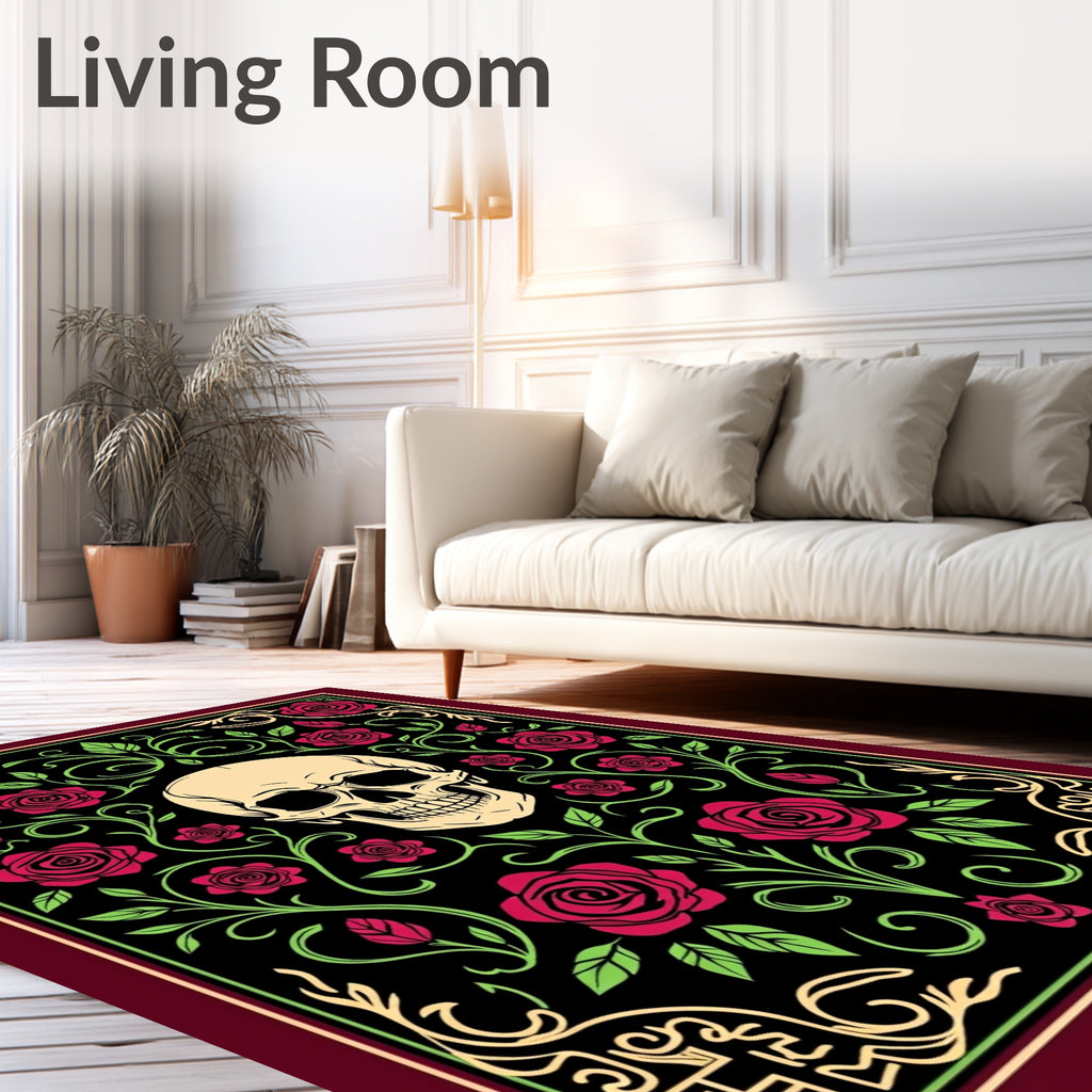 Crimson Rose Skull Floral Victorian Rug
