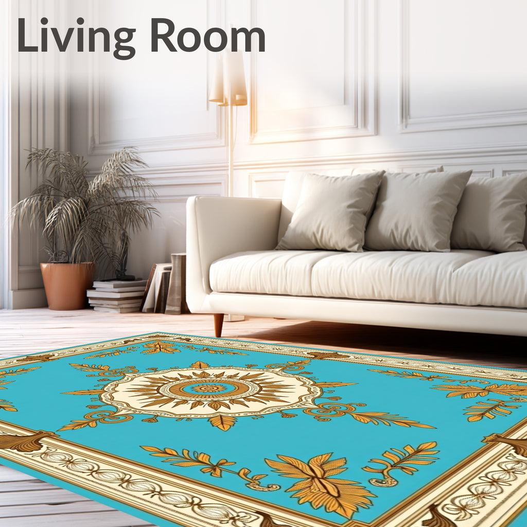 Turquoise Gold Floral Medallion Border Rug