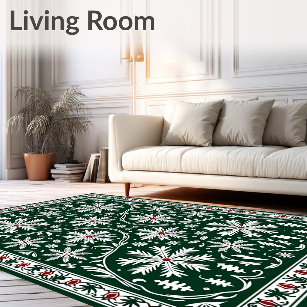 Dark Green White Red Floral Medallion Rug