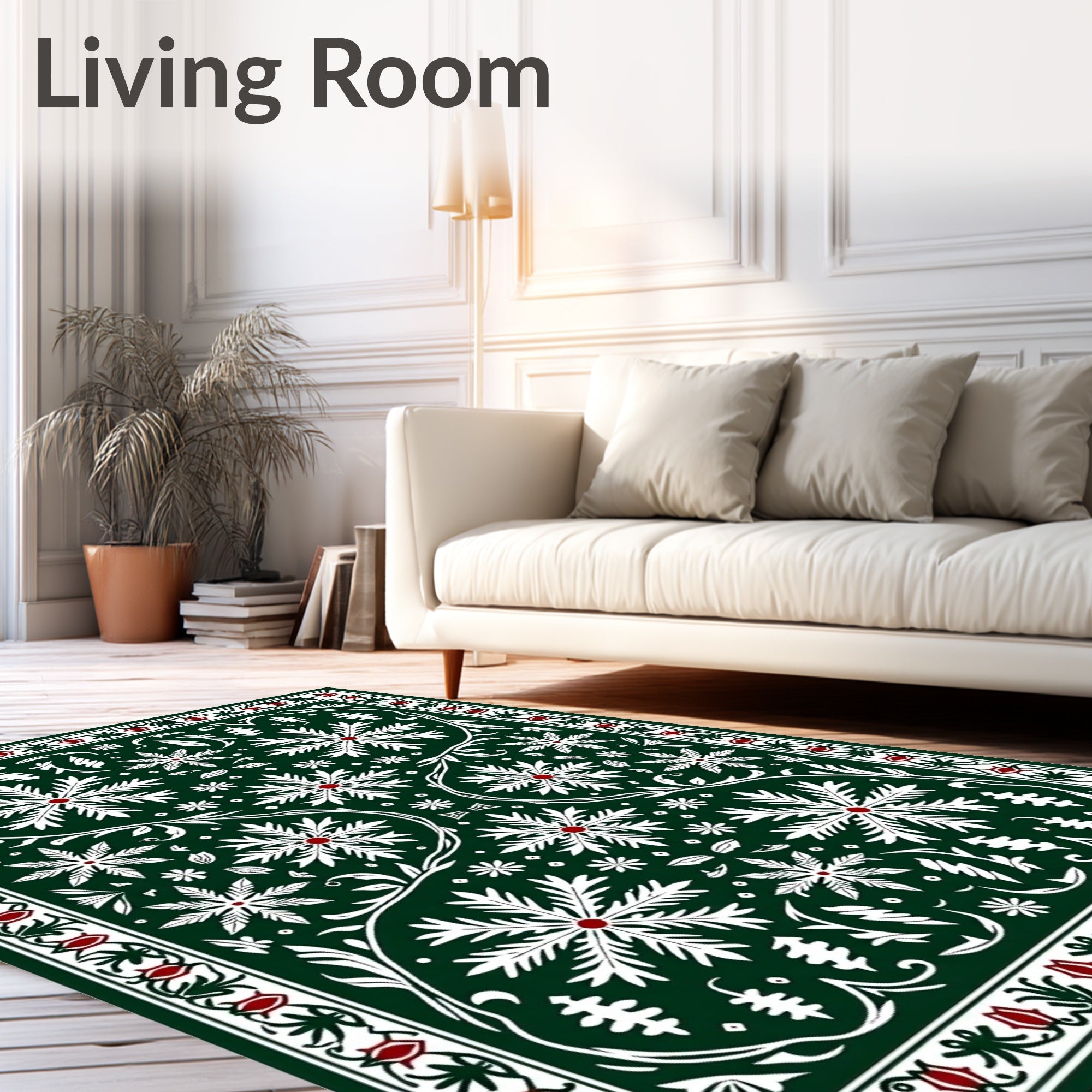 Dark Green White Red Floral Medallion Rug