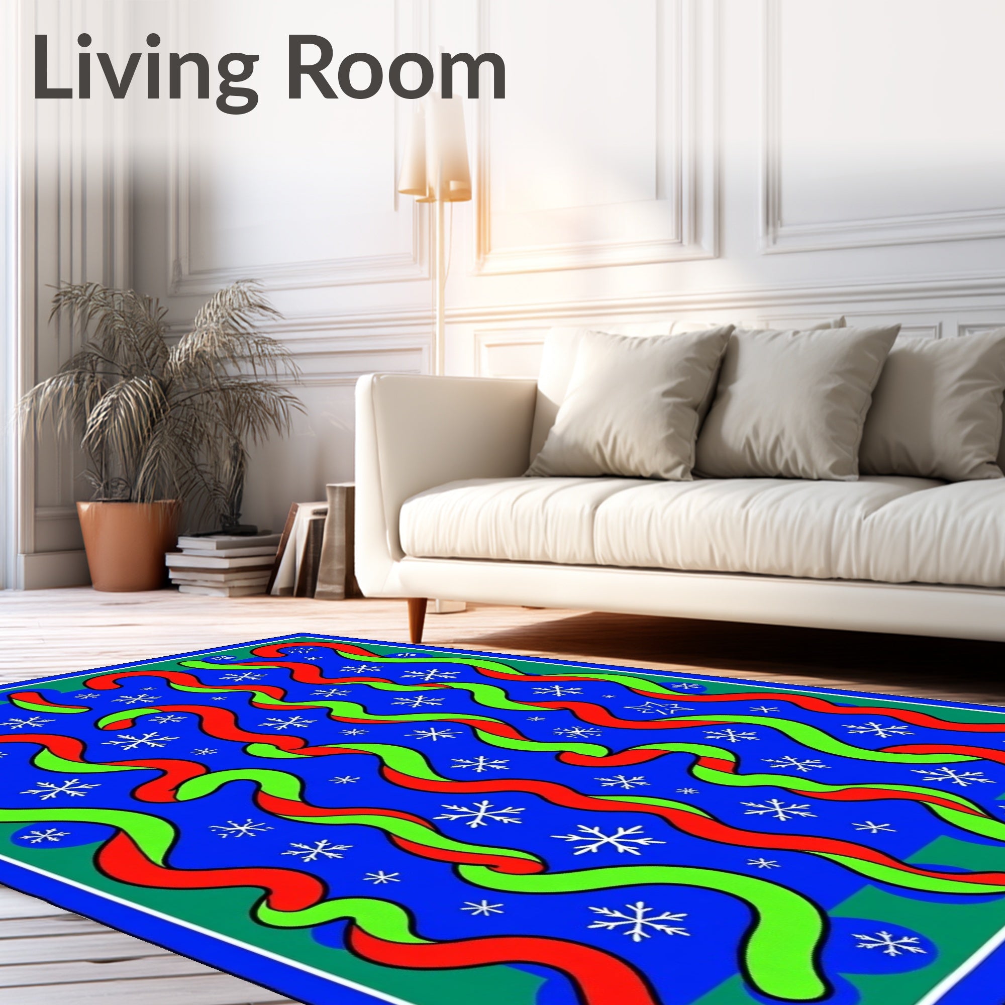 Red Green Ribbon Snowflakes Blue Field Rug