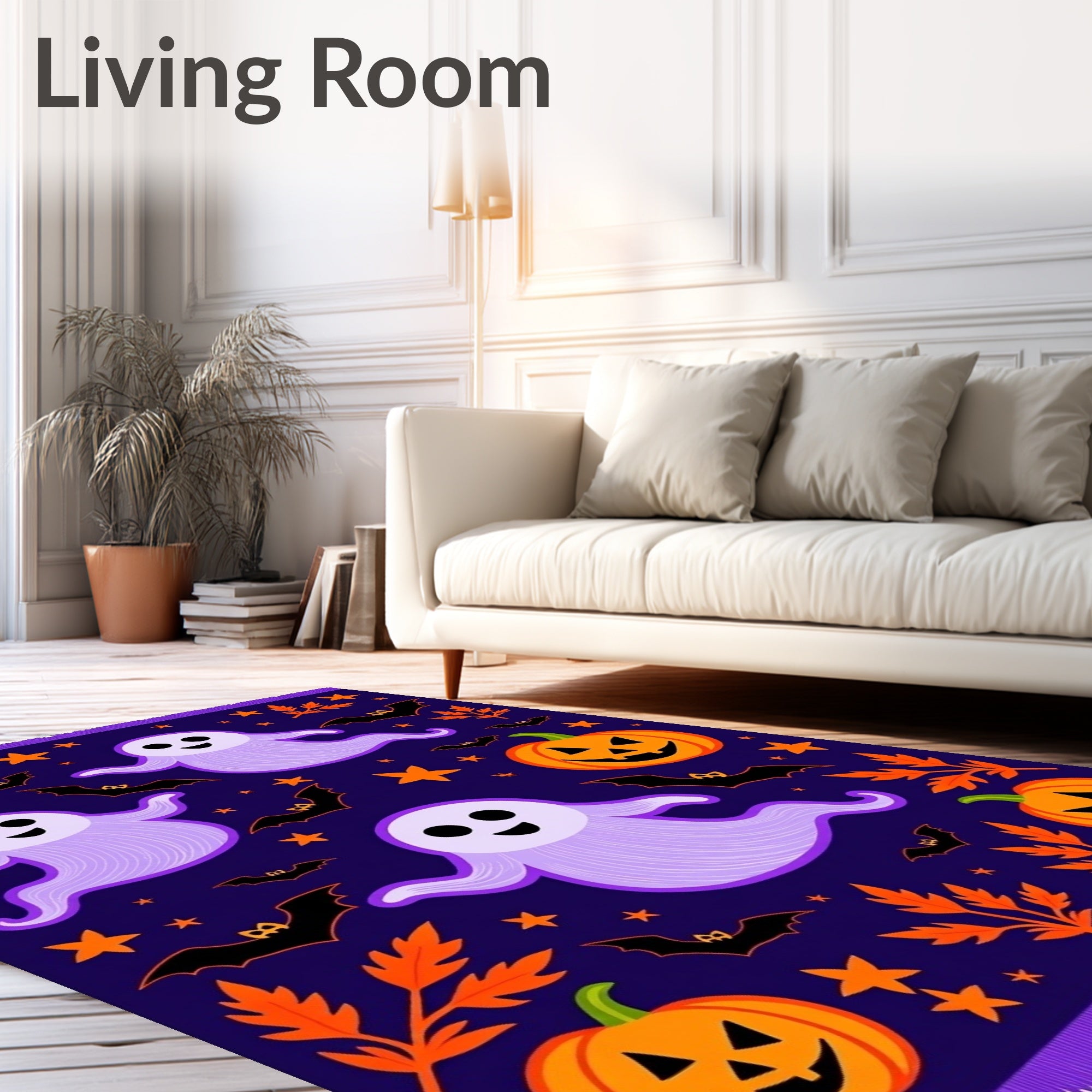 Playful Purple Ghost Pumpkin Stars Rug