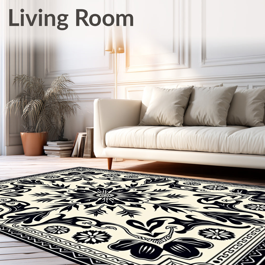 Black Ivory Floral Scroll Medallion Rug