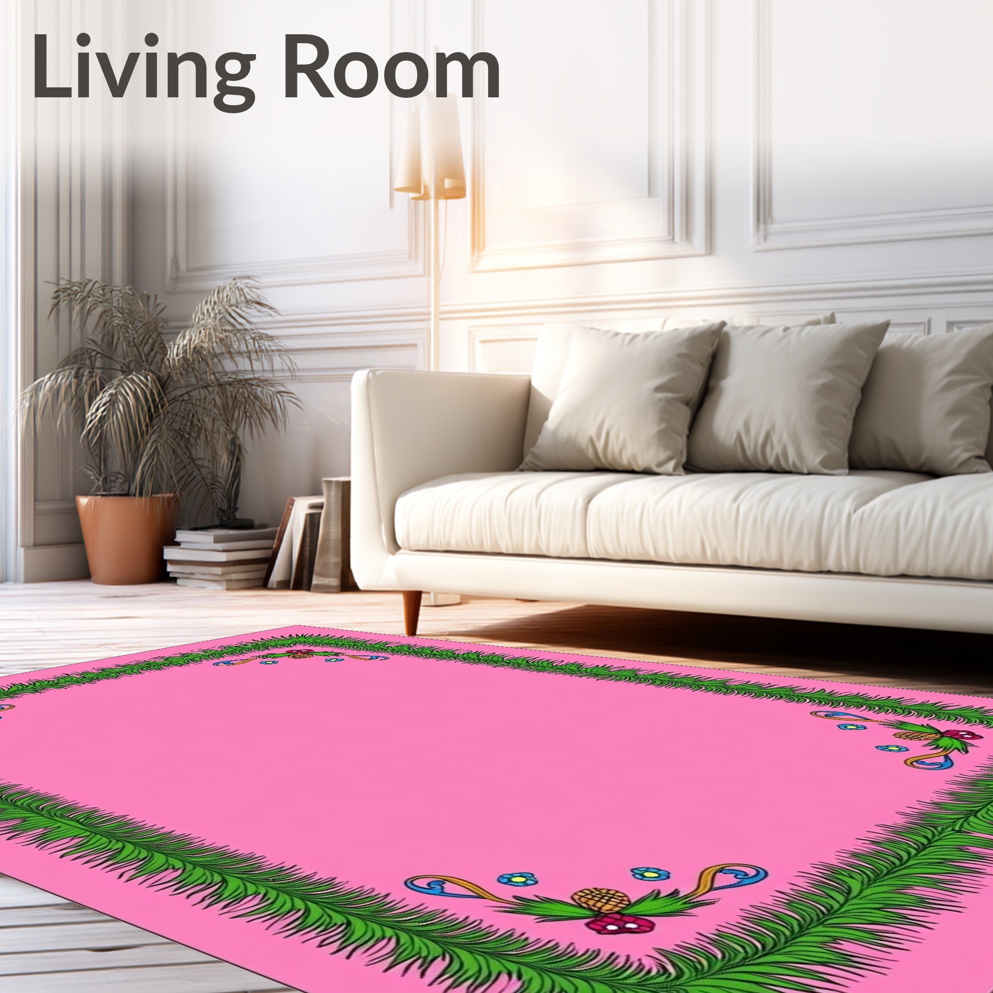 Pink Floral Pinecone Border Rug
