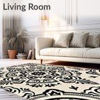 Cream Black Damask Ornamental Medallion Rug