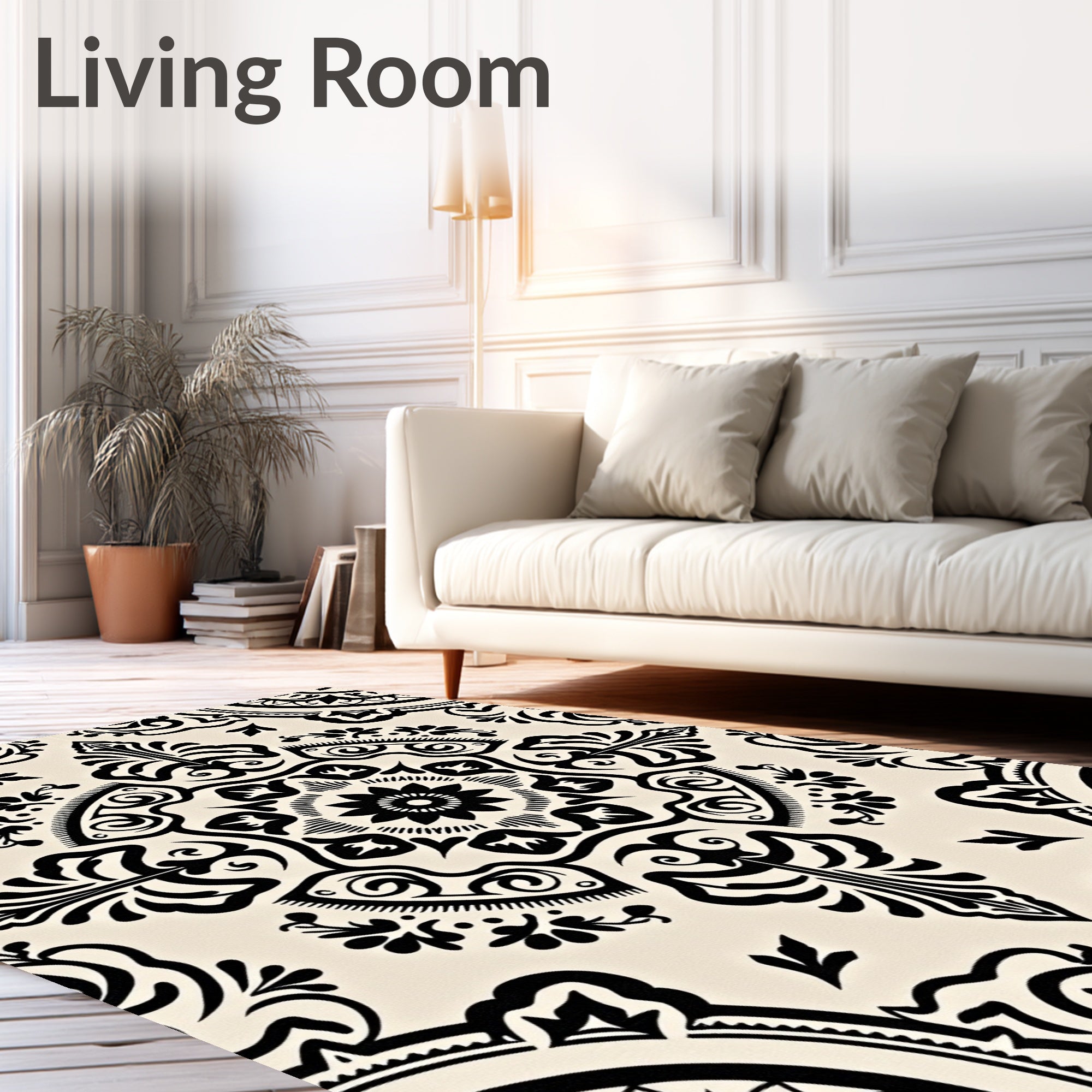 Cream Black Damask Ornamental Medallion Rug