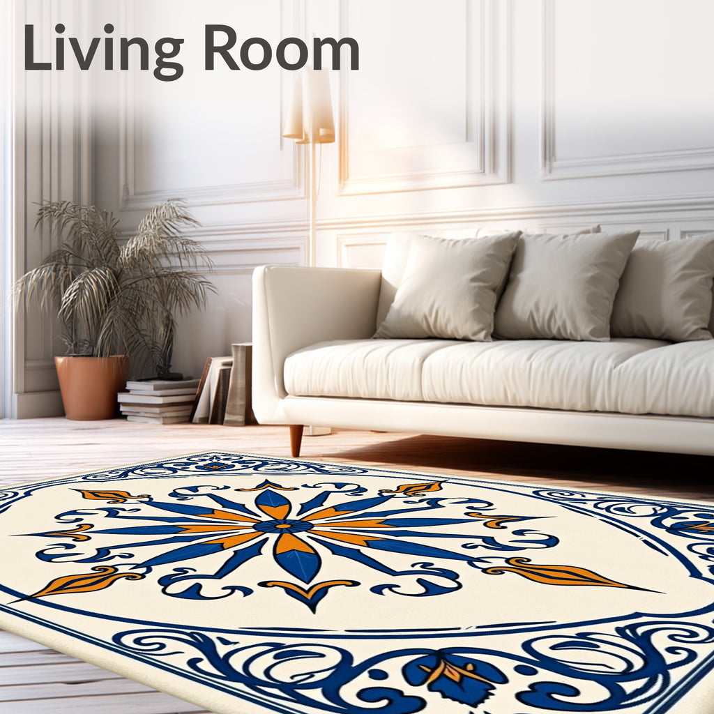 Royal Blue Orange Sunburst Medallion Rug