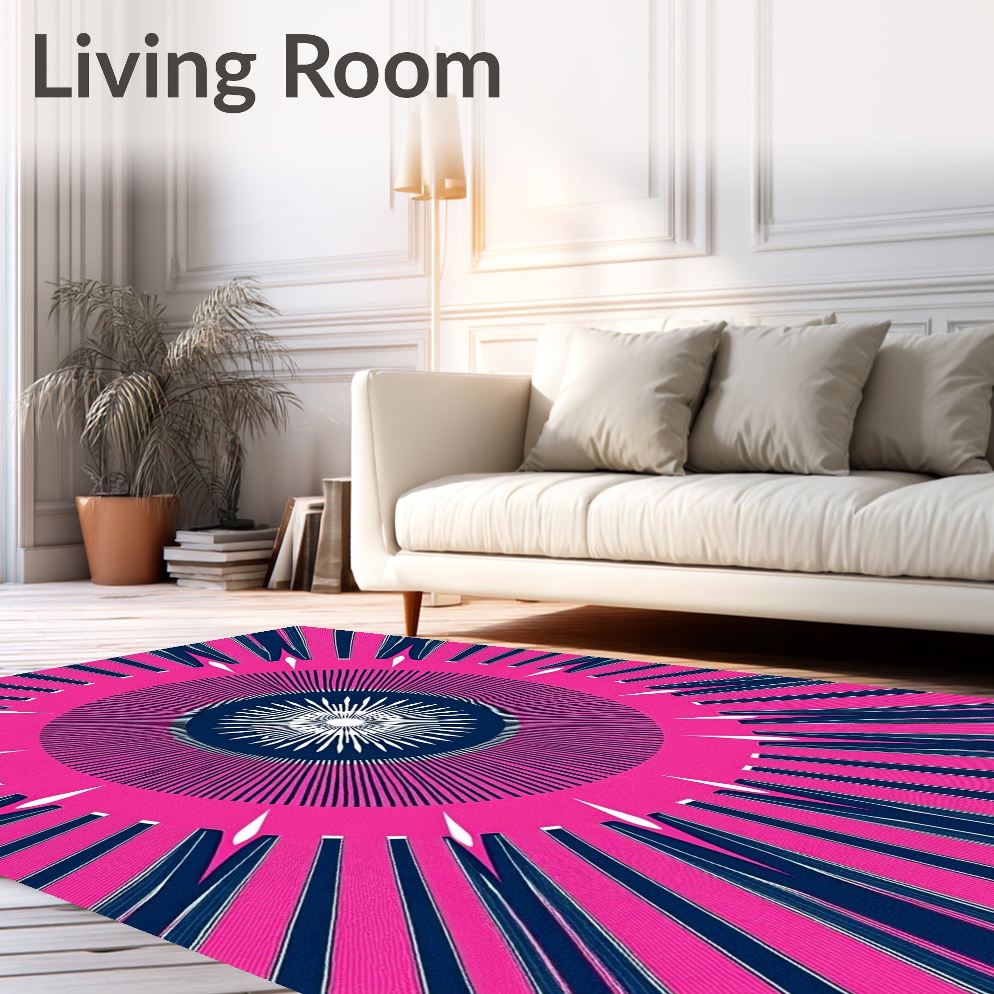 Radiant Pink White Navy Sunburst Rug