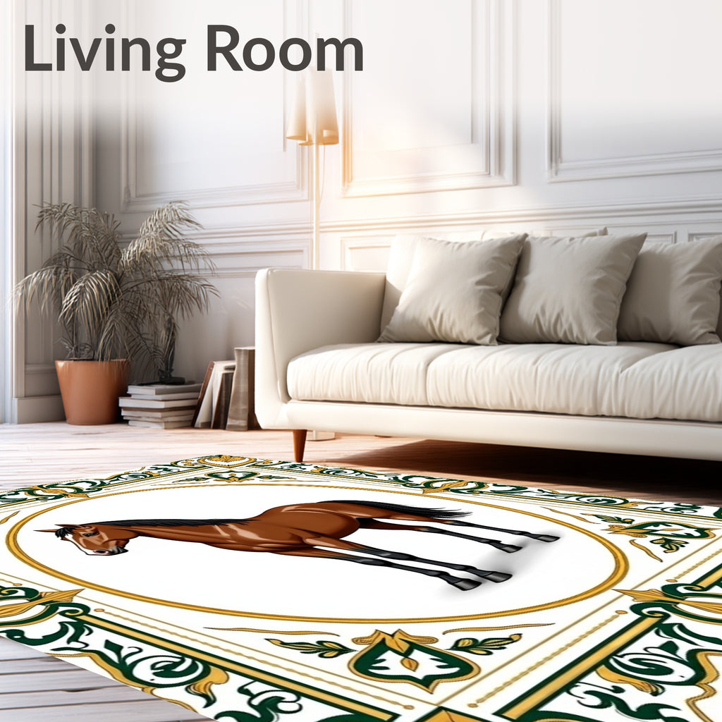 Brown Horse Oval Frame Scrollwork Rug