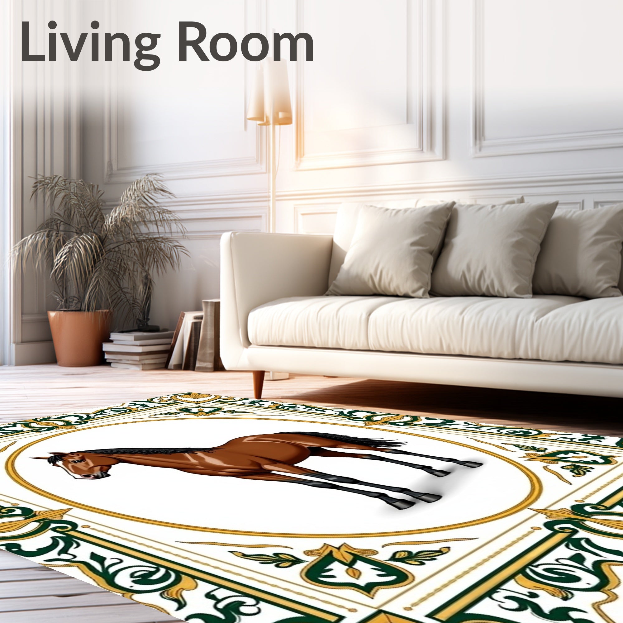 Brown Horse Oval Frame Scrollwork Rug