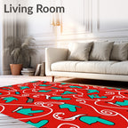Red Teal White Swirl Abstract Shapes Rug