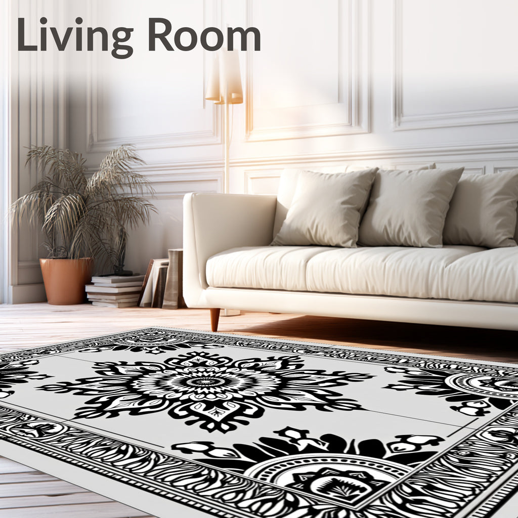 Black White Floral Mandala Border Rug