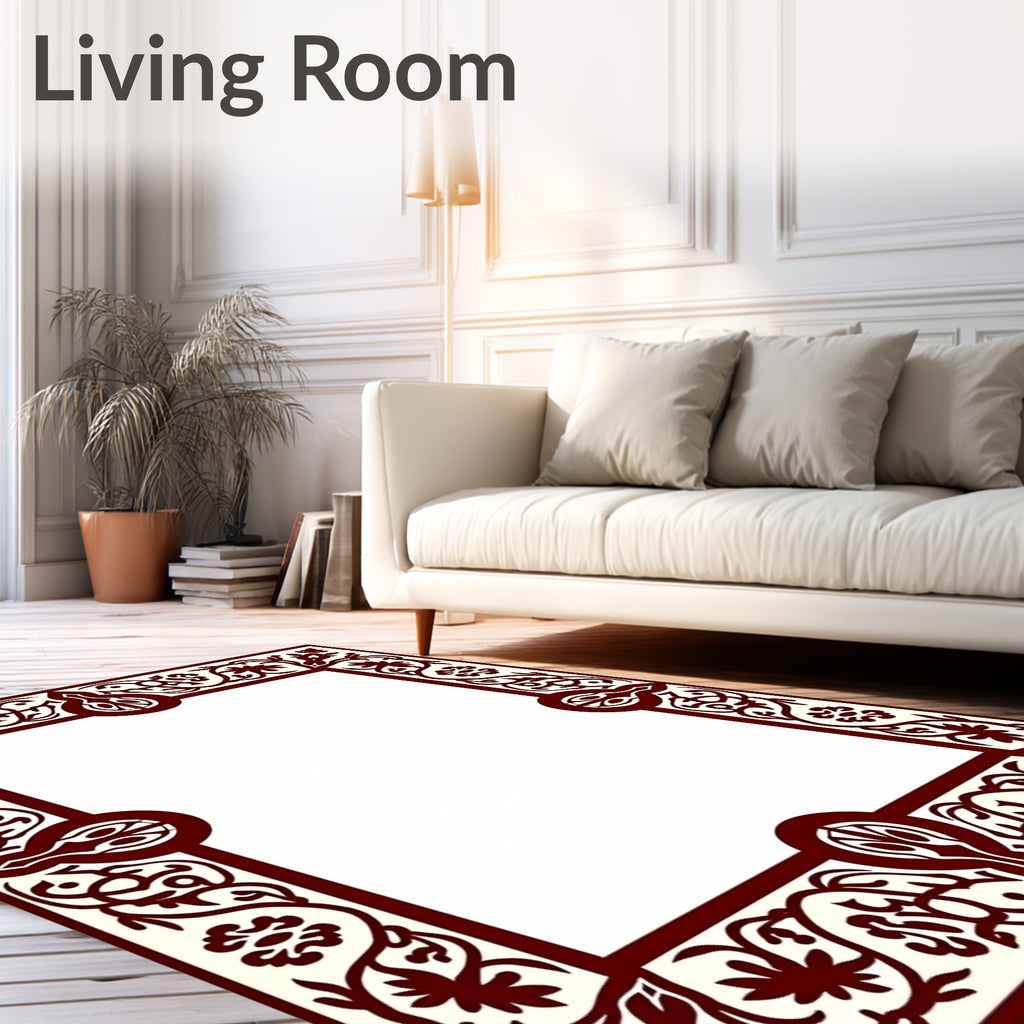 Dark Red Floral Scroll Border Rug