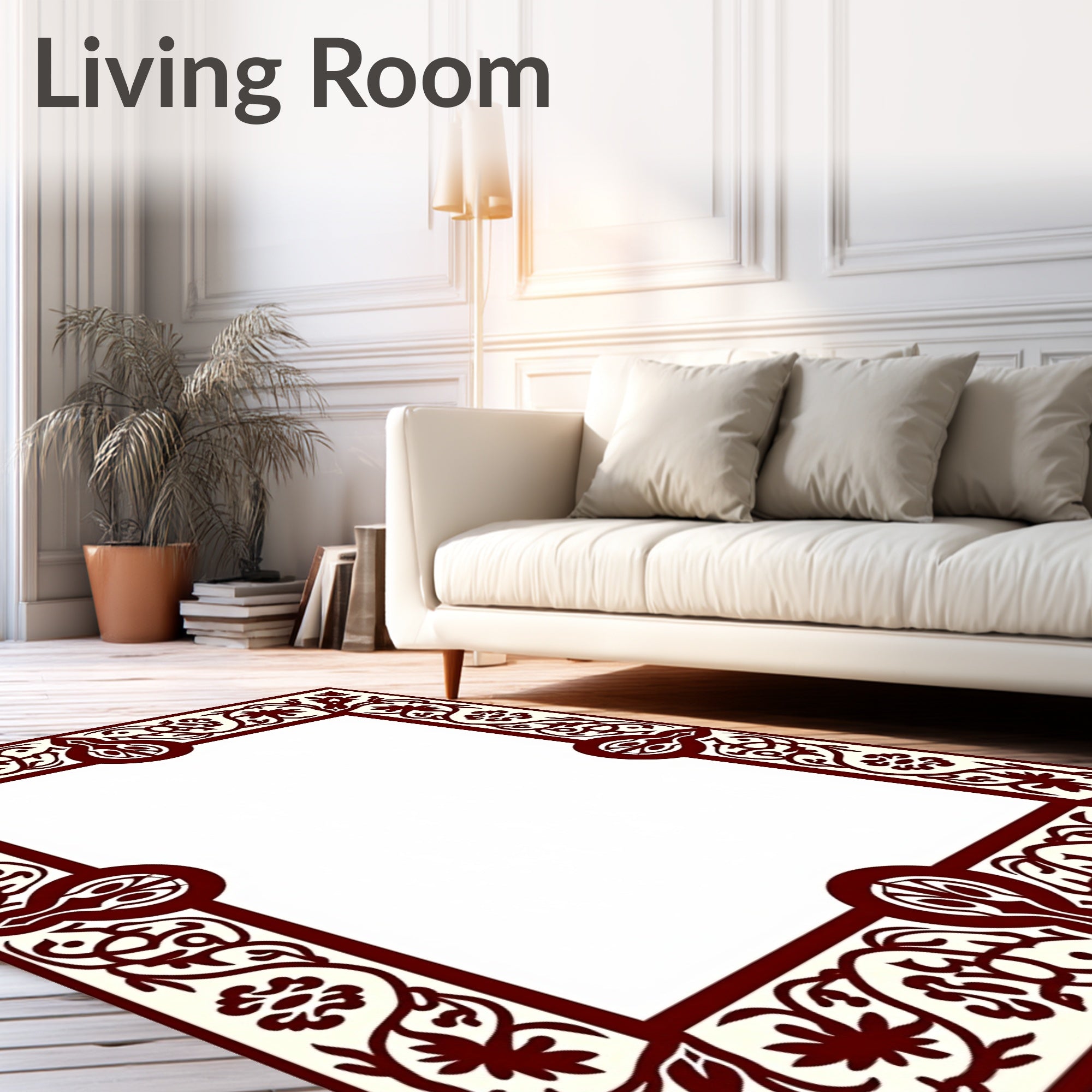 Dark Red Floral Scroll Border Rug