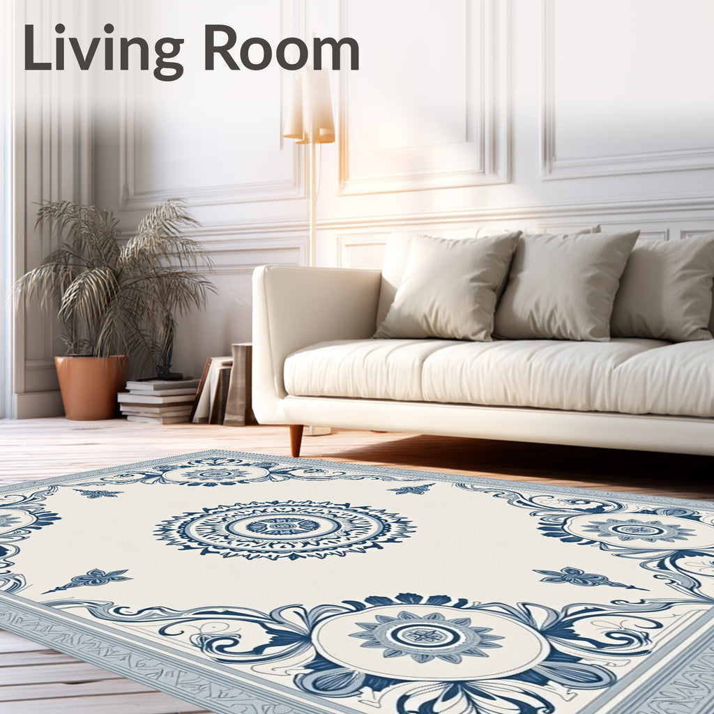 Classic Blue Floral Medallion Border Rug