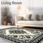 Black Cream Floral Medallion Borders Rug