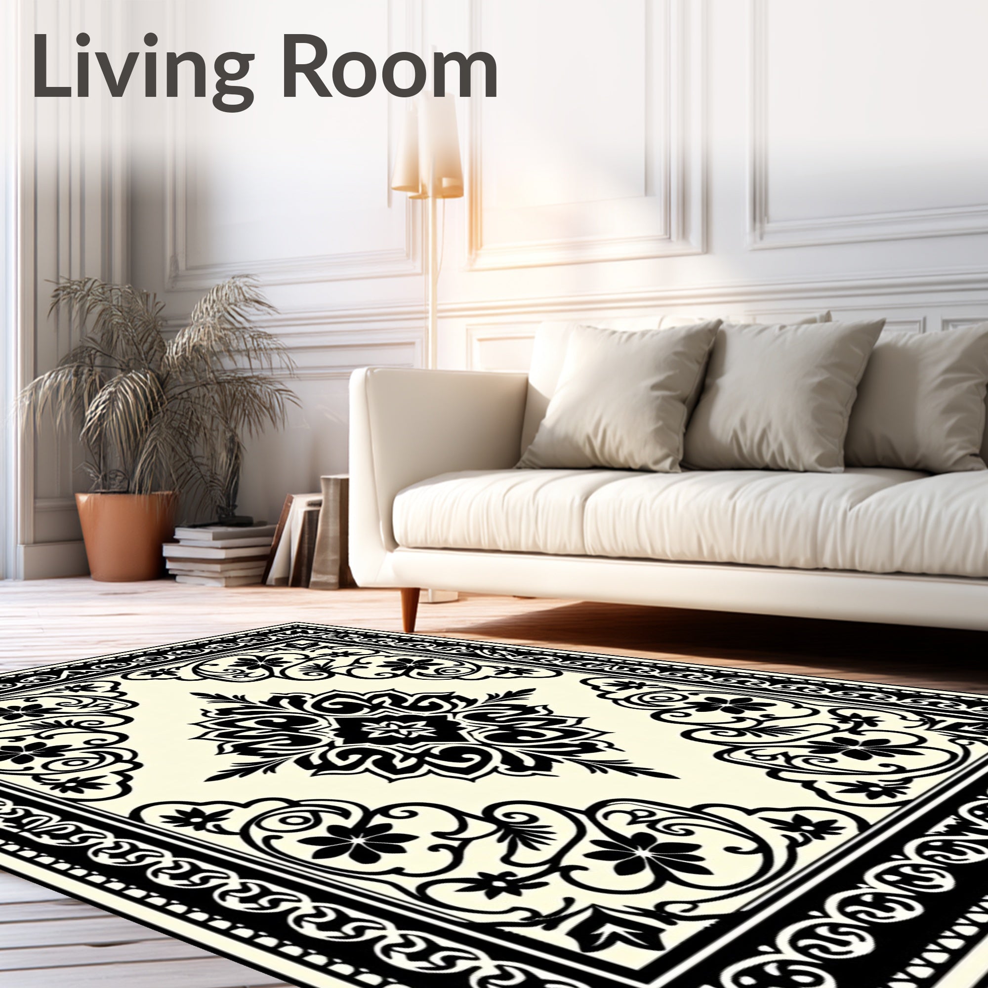 Black Cream Floral Medallion Borders Rug