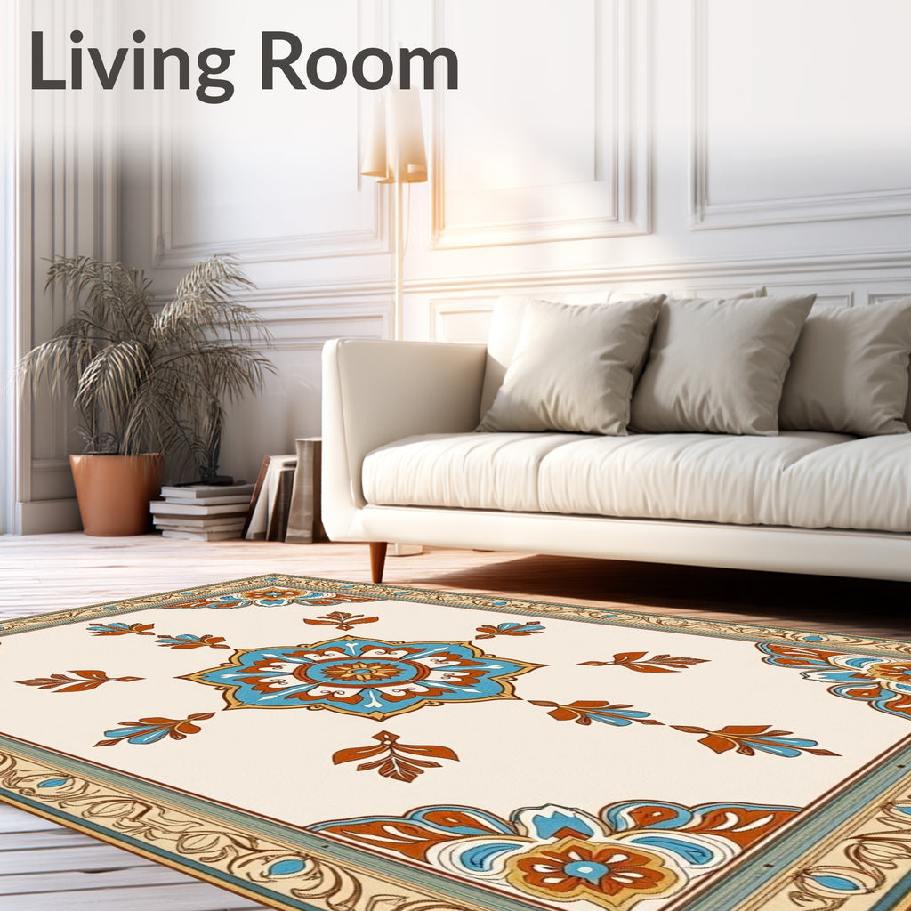 Vintage Teal Orange Floral Medallion Rug