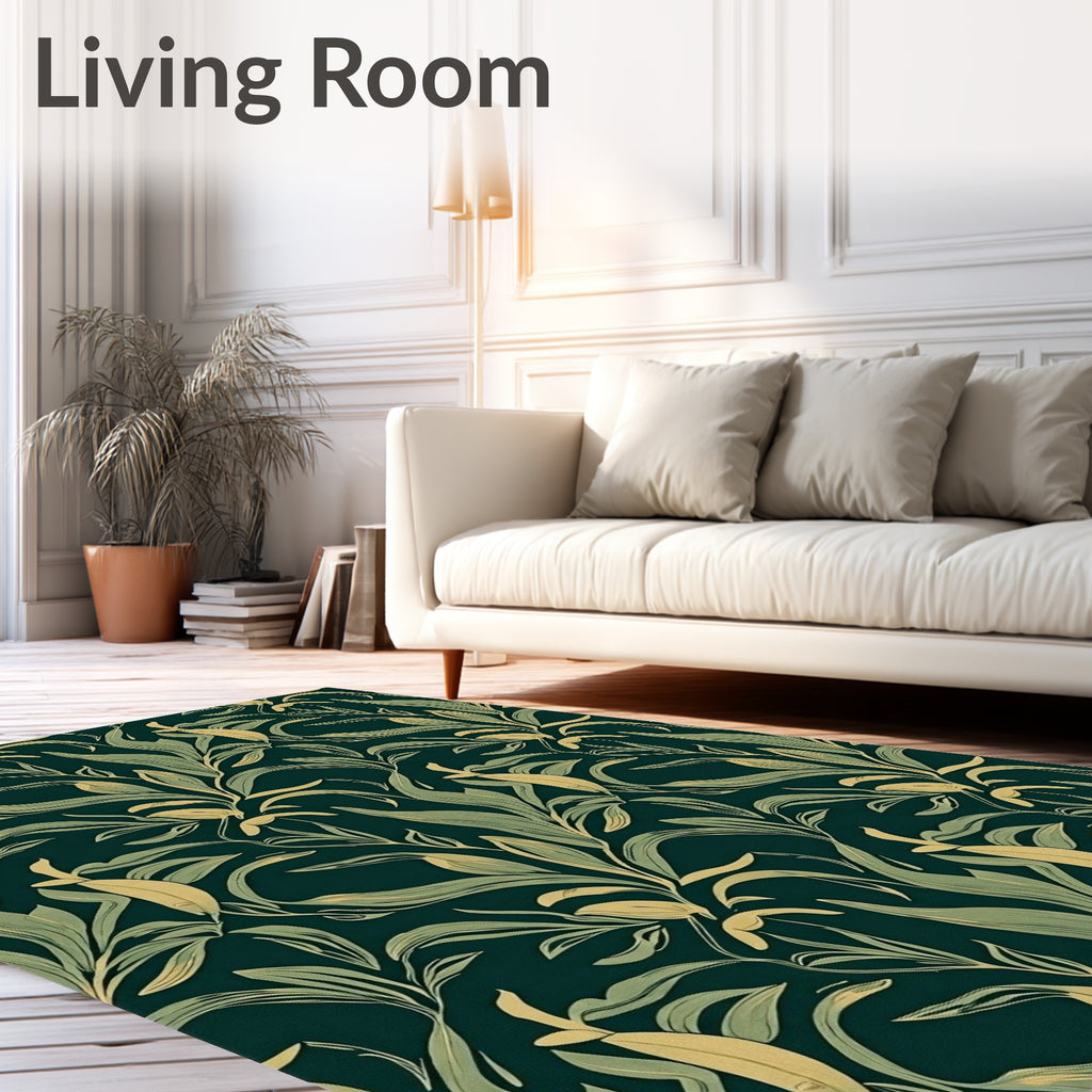 Deep Green Botanical Swirl Leaf Rug