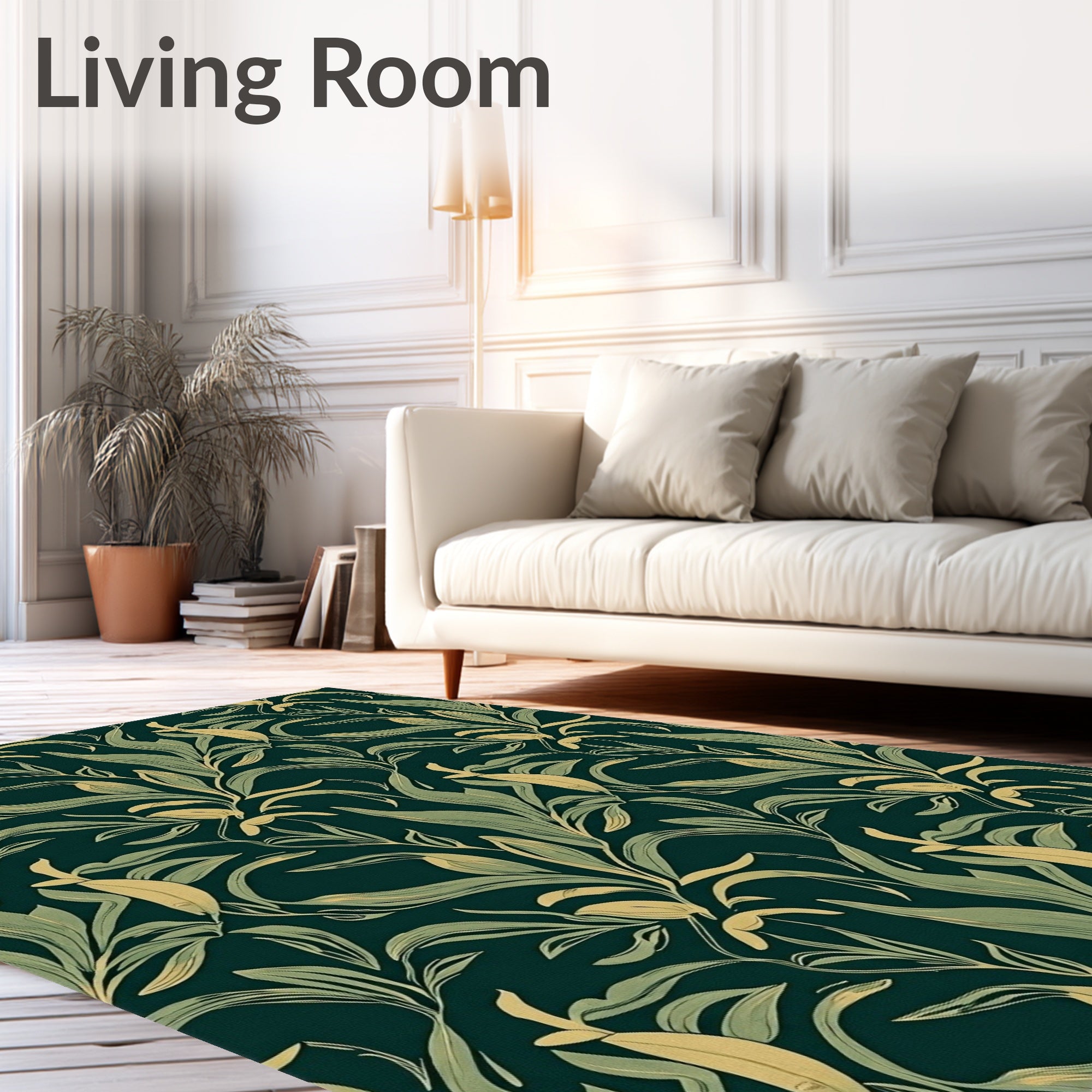 Deep Green Botanical Swirl Leaf Rug