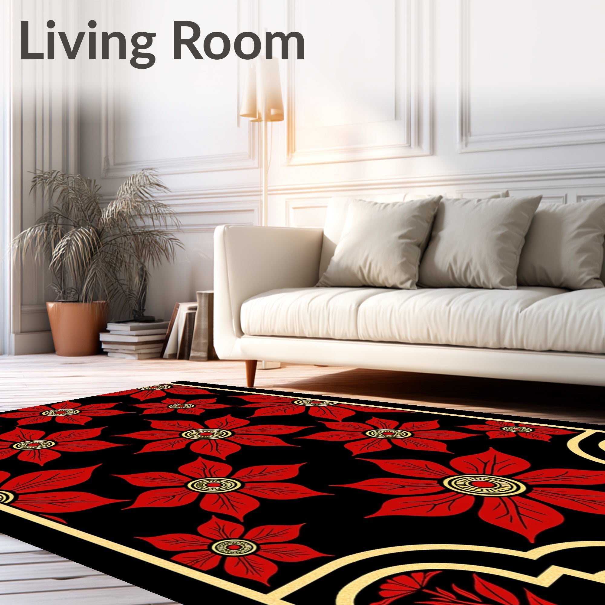 Vibrant Red Floral Medallion Black Rug