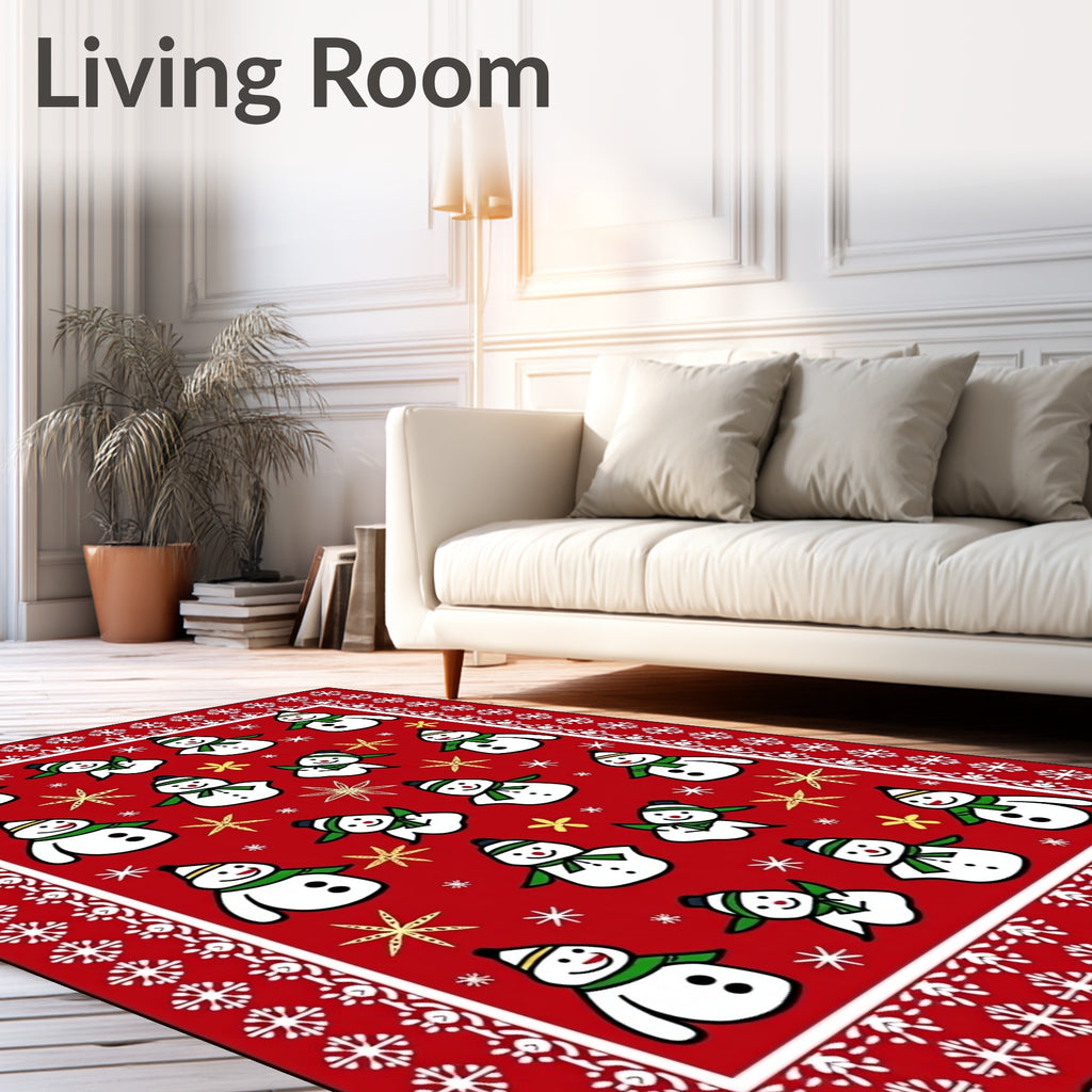 Christmas Snowman Red Whimsical Snowflakes Rug