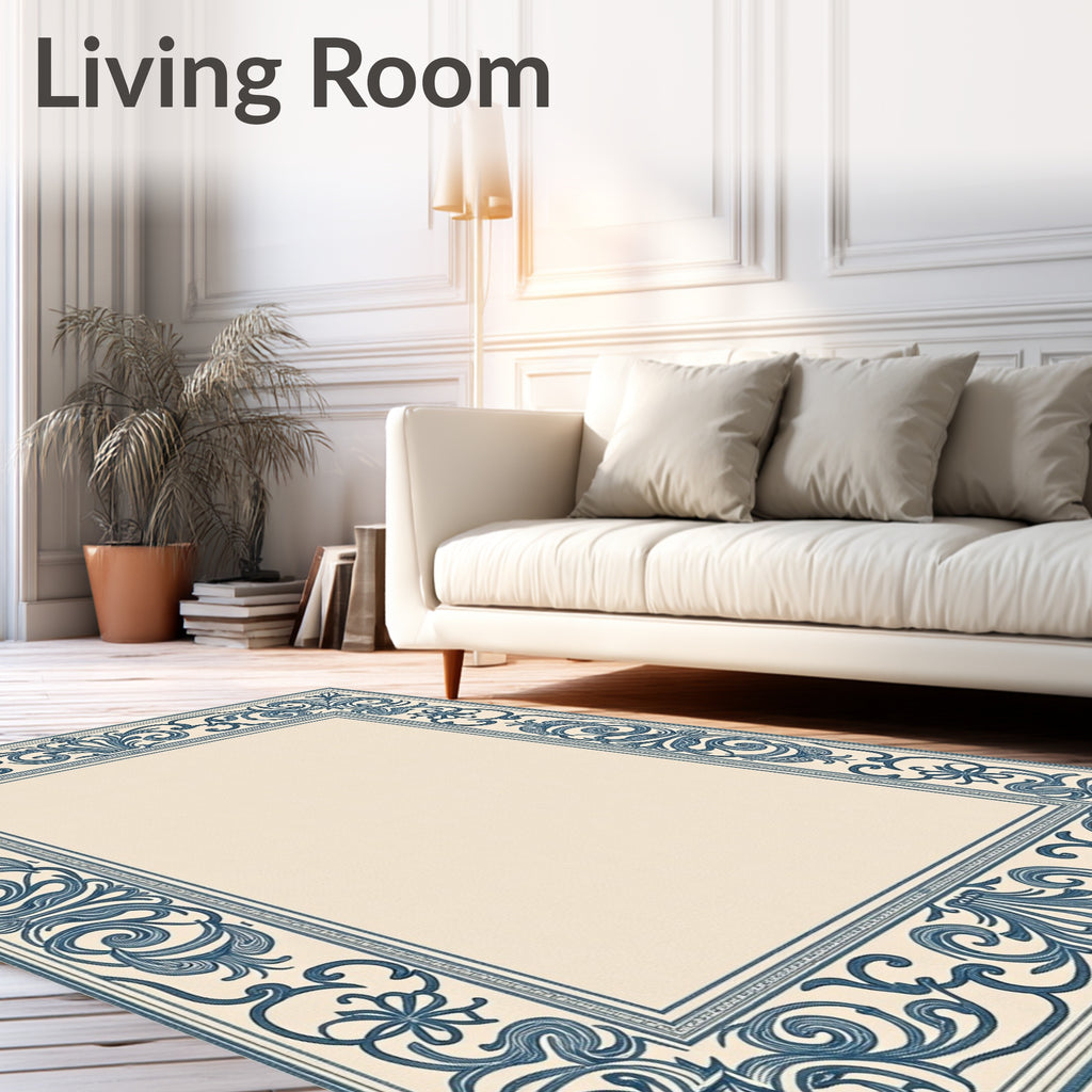 Ornate Blue Floral Scrollwork Centerpiece Rug