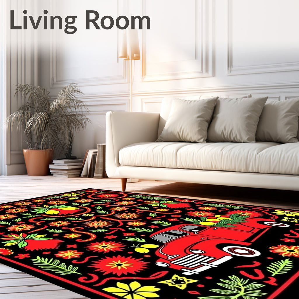 Red Truck Floral Garland Rug