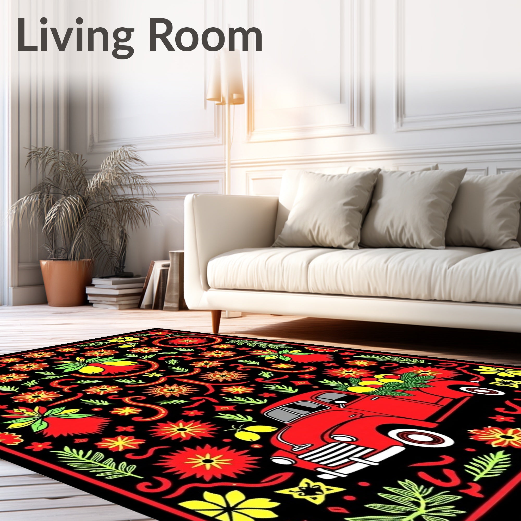 Red Truck Floral Garland Rug